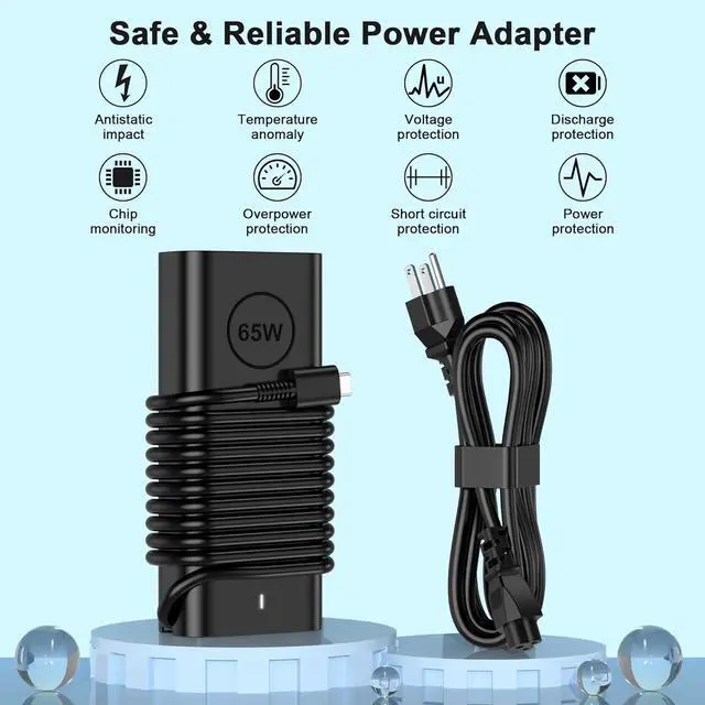 Alt view image 5 of 6 - 65W Dell Laptop Charger USB C, Computer Power Cord for Laptops, Replacement Dell Chromebook Charger 3100 3110 3400, Latitude 5420 5520 7420 5400 5300 5500, XPS 13 Adapter, 9Ft Type C USBC Supply
