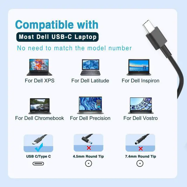 Alt view image 3 of 6 - Laptop Charger for Dell Latitude XPS 13 12 Insprion 13 14 15 16 Chromebook Precision 9305 7420 5540 5520 5450 5420 etc. Universal Slim 65W 45W USB C Power Adapter with LED, Original Quality, 10FT Cord