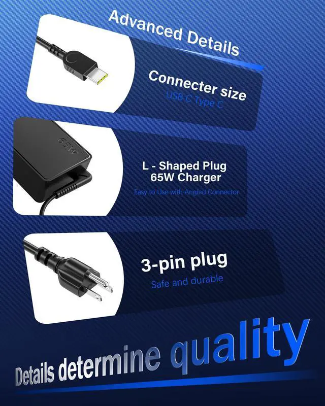 Alt view image 4 of 7 - 65W USB C Laptop Charger Compatible with Lenovo Laptop Charger ThinkPad T14 T15 E14 E15 X1 X13 E480 T480s T490 Yoga 7i 9i Thinkbook 65W 45W Computer Charger USB Type C AC Power Adapter