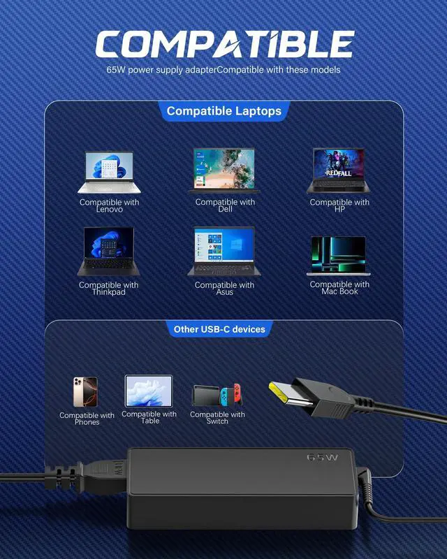 Alt view image 6 of 7 - 65W USB C Laptop Charger Compatible with Lenovo Laptop Charger ThinkPad T14 T15 E14 E15 X1 X13 E480 T480s T490 Yoga 7i 9i Thinkbook 65W 45W Computer Charger USB Type C AC Power Adapter