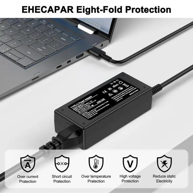 Alt view image 4 of 7 - 65W USB C Laptop Charger Fast-Charging Adapter Compatible with Lenovo,HP,Dell,Acer,Asus,Samsung Galaxy,Google Chromebook,and Other 45W Type C Laptop