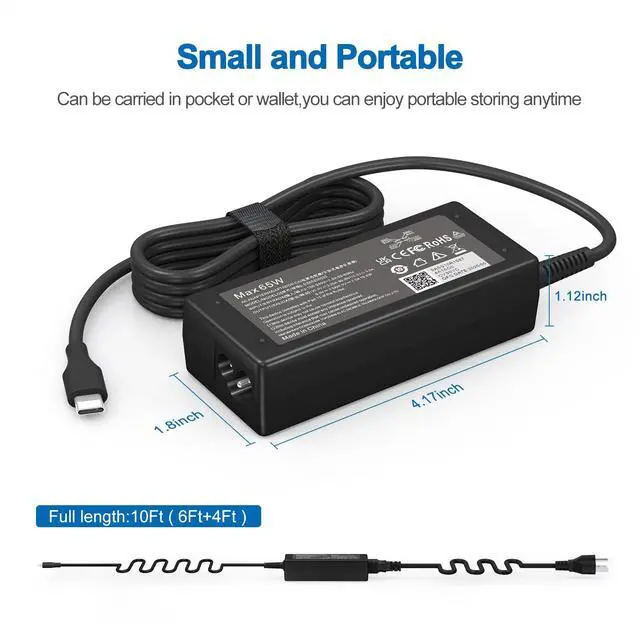 Alt view image 3 of 7 - Replacement 65W USB C Laptop Charger Compatible with HP Chromebook and All 65W USB Type C Power Adapter