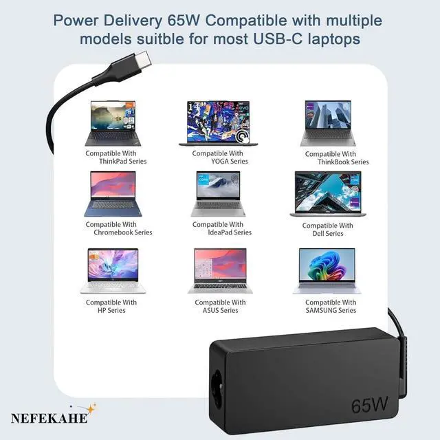 Alt view image 4 of 7 - 65W USB C Laptop Charger Compatible with ThinkPad T14s T14 T15 T16 E14 E15 X1 Carbon Yoga 7 7i 9i, 9FT Type C Power Cord Replacement for Chromebook Charger & Fast Standard AC Adapter