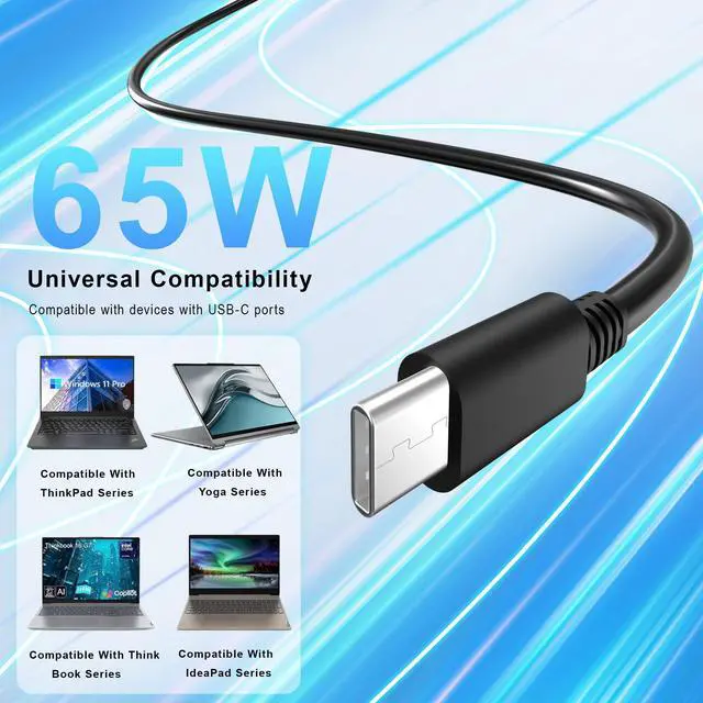 Alt view image 7 of 7 - 65W USB C Laptop Charger Compatible with ThinkPad T14s T14 T15 T16 E14 E15 X1 Carbon Yoga 7 7i 9i, 9FT Type C Power Cord Replacement for Chromebook Charger & Fast Standard AC Adapter