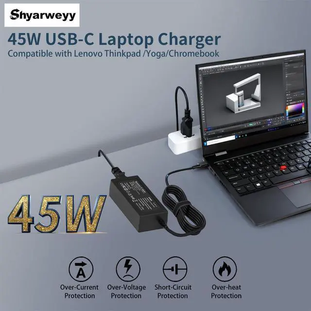 Alt view image 2 of 7 - 45 Watt USB C Chromebook Charger for Lenovo Yoga 7i, for thinkpad t14,Elite x2,Probook Charger,for xps 13,for Latitude 5420,Chromebook 3110,VT148,LA65NM190 lps,814838-002,ADLX65YDC2A