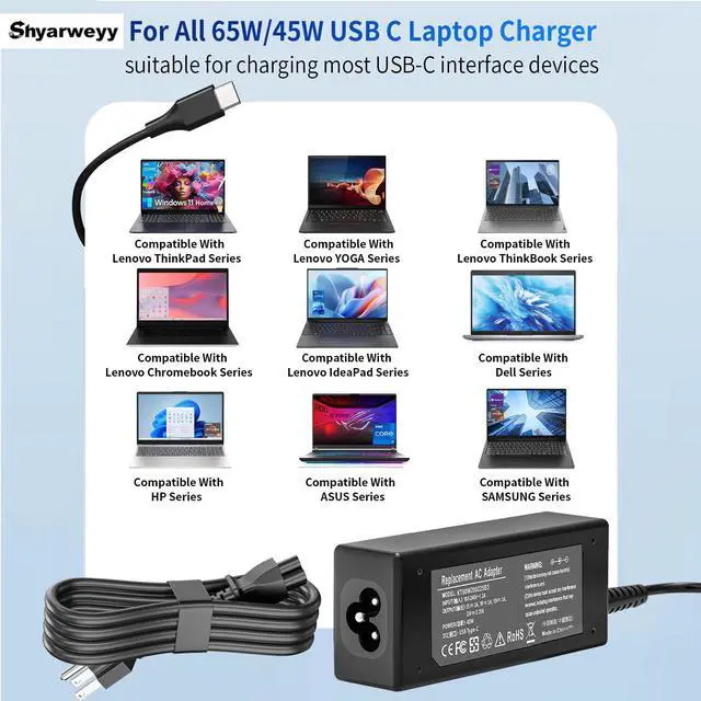 Alt view image 3 of 7 - 45 Watt USB C Chromebook Charger for Lenovo Yoga 7i, for thinkpad t14,Elite x2,Probook Charger,for xps 13,for Latitude 5420,Chromebook 3110,VT148,LA65NM190 lps,814838-002,ADLX65YDC2A