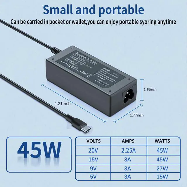 Alt view image 7 of 7 - 45 Watt USB C Chromebook Charger for Lenovo Yoga 7i, for thinkpad t14,Elite x2,Probook Charger,for xps 13,for Latitude 5420,Chromebook 3110,VT148,LA65NM190 lps,814838-002,ADLX65YDC2A