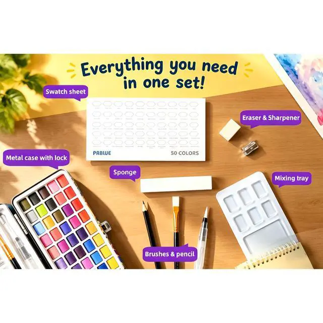 Alt view image 3 of 7 - Watercolor Paint Set 50 Colors, Drawing Supplies, Amateur Hobbyists