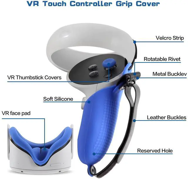 Alt view image 2 of 7 - VR Accessories for Meta/Oculus Quest 2 Controller Grips,VR Controller Grip Cover and 2Pcs VR Silicone face Pads(Blue)