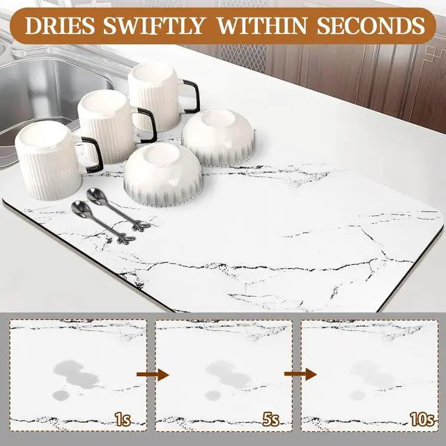 Alt view image 3 of 7 - Dish Drying Mat for Kitchen Counter, 12"x19" Heat Resistant Drainer Mats with Non-slip Rubber Backed, Hide Stain Kitchen Drying Mat Super Absorbent Draining Mat, Easy to Clean Dish Rack Pad (White)