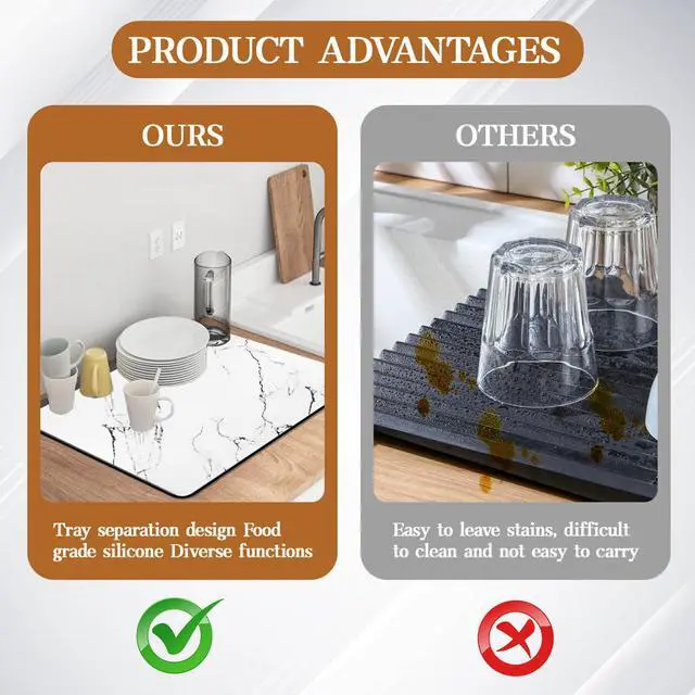 Alt view image 7 of 7 - Dish Drying Mat for Kitchen Counter, 12"x19" Heat Resistant Drainer Mats with Non-slip Rubber Backed, Hide Stain Kitchen Drying Mat Super Absorbent Draining Mat, Easy to Clean Dish Rack Pad (White)