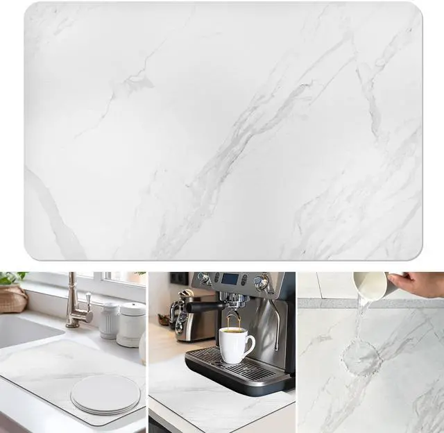 Main image of Dish Drying Mat Coffee Bar Mat for Kitchen Counter, Absorbent Dish Rack Pad Hide Stain with Non-slip Rubber Backed Coffee Accessories Fit Under Espresso Machine Maker White Marble 22.83"x14.96"