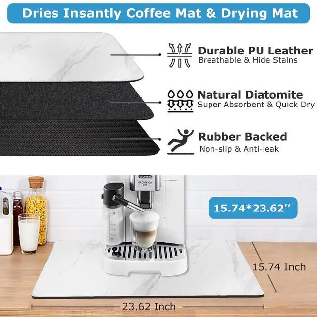 Alt view image 5 of 7 - Dish Drying Mat Coffee Bar Mat for Kitchen Counter, Absorbent Dish Rack Pad Hide Stain with Non-slip Rubber Backed Coffee Accessories Fit Under Espresso Machine Maker White Marble 22.83"x14.96"