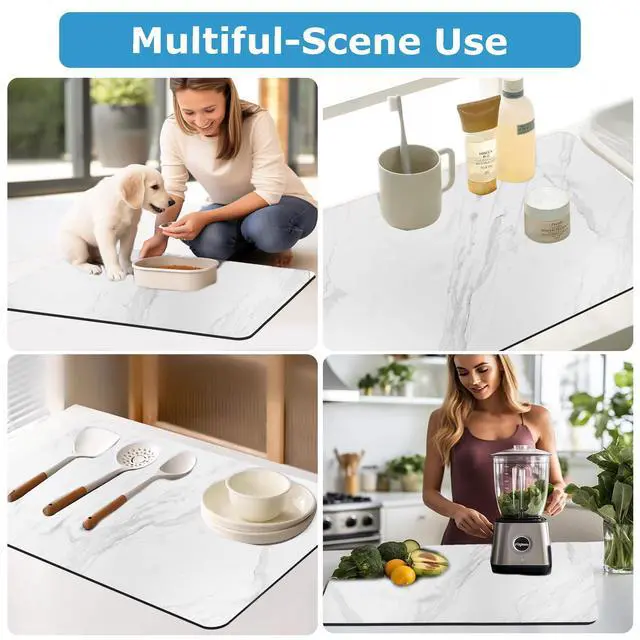 Alt view image 7 of 7 - Dish Drying Mat Coffee Bar Mat for Kitchen Counter, Absorbent Dish Rack Pad Hide Stain with Non-slip Rubber Backed Coffee Accessories Fit Under Espresso Machine Maker White Marble 22.83"x14.96"