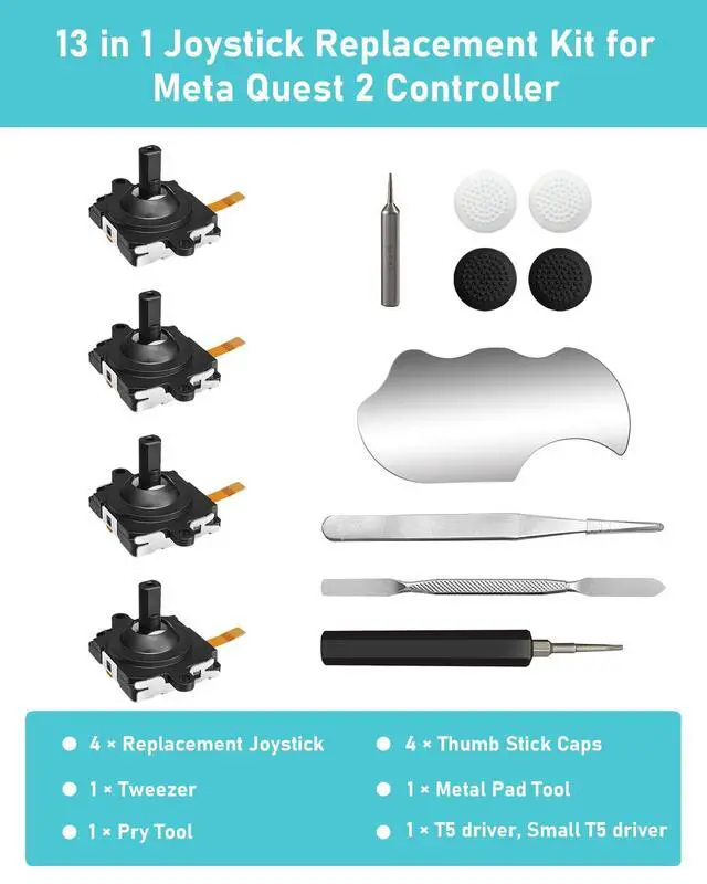 Alt view image 6 of 6 - Joystick Replacement Kit for Oculus Quest 2 Controller, Repair Accessories for Meta Quest 3 Controller, Include 2 Joysticks, T5 Screwdriver, Tweezer, Pry Tool, 4 Thumbstick Grips