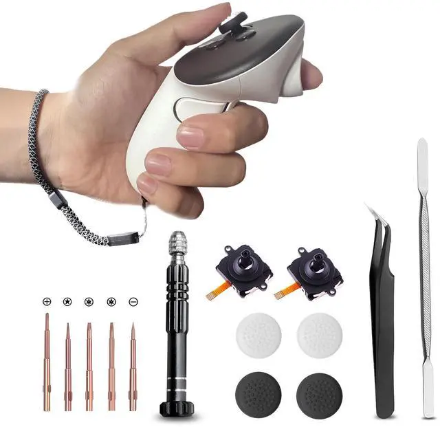 Main image of 2 Joystick Replacement Kit for Quest 2 Controller, Repair Kit for Meta Quest 2, Including 2 Replacement Wrist Straps, 2 Joysticks,Screwdriver, Tweezer, Pry Tool, 4 Thumbstick Grips