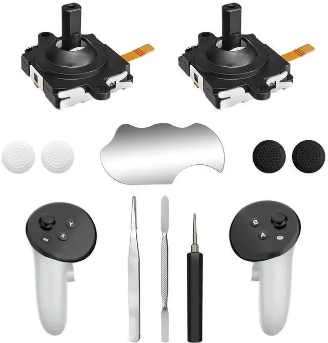 Main image of Joystick Replacement Kit for Meta Quest 3 Controller(10 in one), Repair Kit Accessories for Meta Quest 3 Controller, Include 2 Thumb Sticks, T5 Screwdriver, Tweezer, Pry Tool, 4 Thumbstick Grips