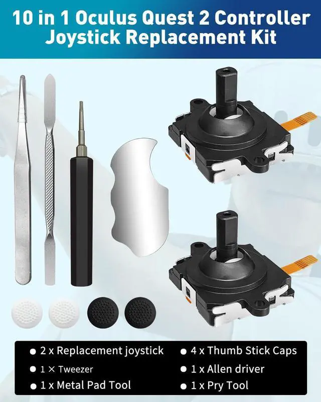 Alt view image 6 of 6 - Joystick Replacement Kit for Meta Quest 3 Controller(10 in one), Repair Kit Accessories for Meta Quest 3 Controller, Include 2 Thumb Sticks, T5 Screwdriver, Tweezer, Pry Tool, 4 Thumbstick Grips