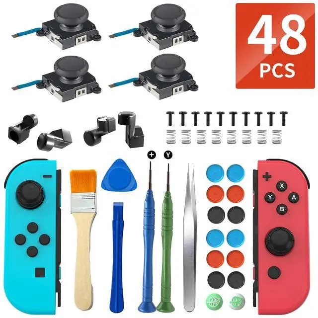 Main image of 48 in One Joy-Con Joystick Replacement Kit, Analog Thumb Stick Repair Parts Compatible with Nintendo Switch, Switch Lite & Switch OLED Joycon, Comes with 4 3D Joysticks, 4 Metal Buckles, 2 Screwdriver