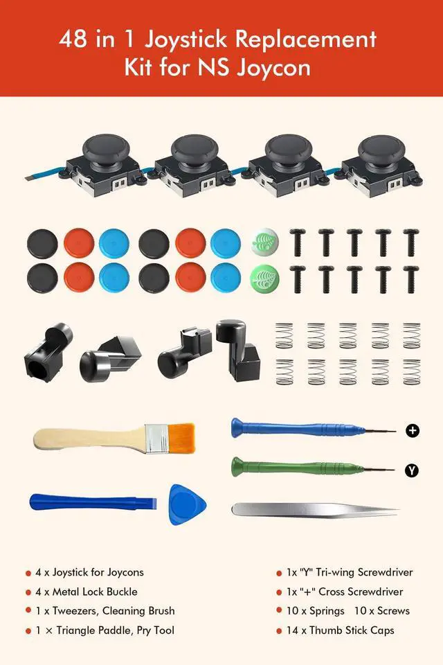 Alt view image 7 of 7 - 48 in One Joy-Con Joystick Replacement Kit, Analog Thumb Stick Repair Parts Compatible with Nintendo Switch, Switch Lite & Switch OLED Joycon, Comes with 4 3D Joysticks, 4 Metal Buckles, 2 Screwdriver