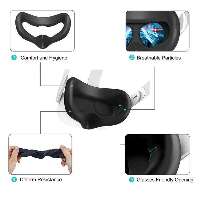 Alt view image 3 of 5 - Silicone Face Cover Pad for Oculus/Meta Quest 2 with Lens Protector, Anti-Light Leakage Cleanable Face Pad & Lens Cover Accessories Kit Keep Your VR Headset Sweat-Free (Black)