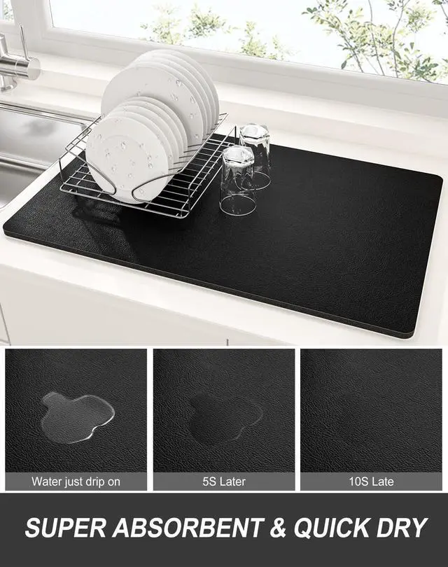 Alt view image 3 of 7 - Dish Drying Mat for Kitchen Counter, 12 x 19" Super Absorbent Drainer Pad Easy Clean Dish Rack Pad, Non-Slip Heat Resistant Coffee Bar Mats for Coffee Machine Station Accessories Decor, Black