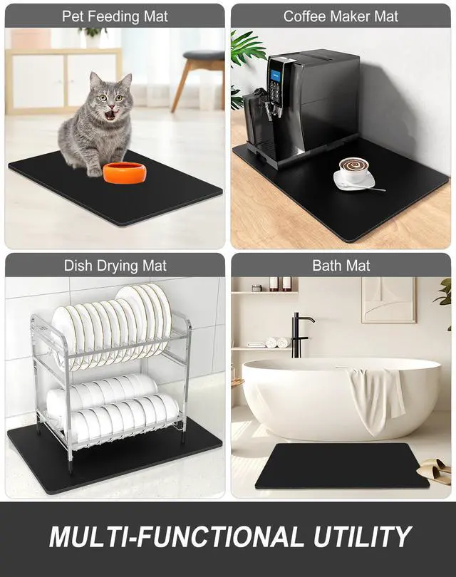 Alt view image 7 of 7 - Dish Drying Mat for Kitchen Counter, 12 x 19" Super Absorbent Drainer Pad Easy Clean Dish Rack Pad, Non-Slip Heat Resistant Coffee Bar Mats for Coffee Machine Station Accessories Decor, Black