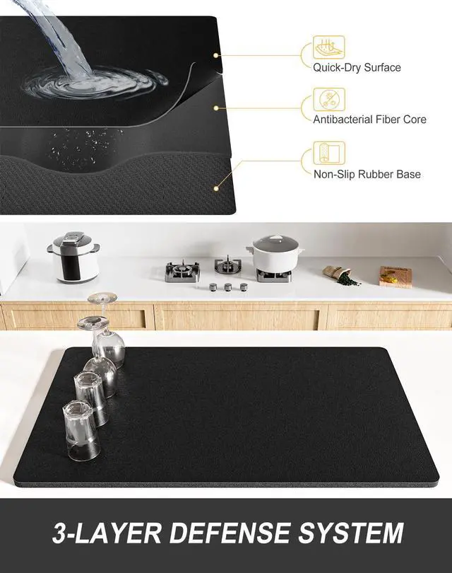 Alt view image 4 of 7 - Dish Drying Mat for Kitchen Counter, 12 x 19" Super Absorbent Drainer Pad Easy Clean Dish Rack Pad, Non-Slip Heat Resistant Coffee Bar Mats for Coffee Machine Station Accessories Decor, Black