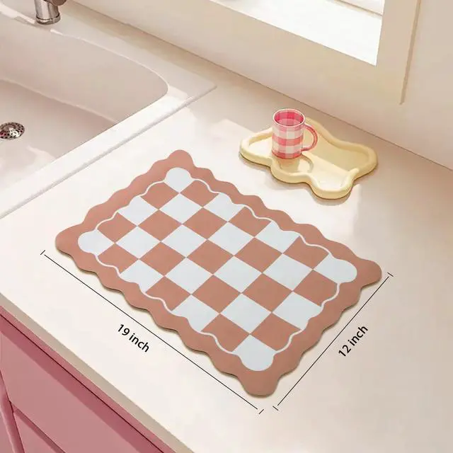 Alt view image 2 of 7 - Scalloped Checkered Dish Drying Mats for Kitchen Counter, Cute Coffee Mat, Absorbent, Non-Slip Rubber, Kitchen Decor (12"x19", Terracota)