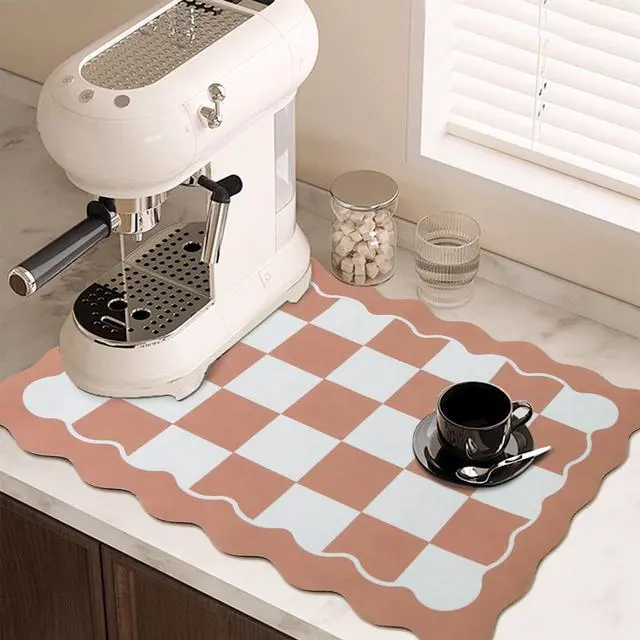 Main image of Scalloped Checkered Dish Drying Mats for Kitchen Counter, Cute Coffee Mat, Absorbent, Non-Slip Rubber, Kitchen Decor (12"x19", Terracota)