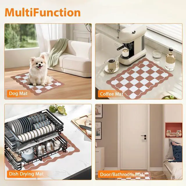 Alt view image 5 of 7 - Scalloped Checkered Dish Drying Mats for Kitchen Counter, Cute Coffee Mat, Absorbent, Non-Slip Rubber, Kitchen Decor (12"x19", Terracota)