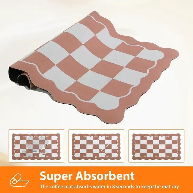 Alt view image 6 of 7 - Scalloped Checkered Dish Drying Mats for Kitchen Counter, Cute Coffee Mat, Absorbent, Non-Slip Rubber, Kitchen Decor (12"x19", Terracota)