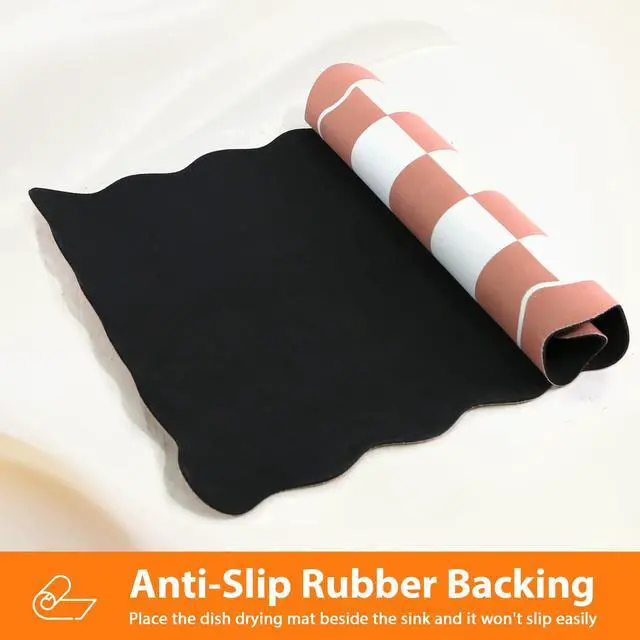 Alt view image 4 of 7 - Scalloped Checkered Dish Drying Mats for Kitchen Counter, Cute Coffee Mat, Absorbent, Non-Slip Rubber, Kitchen Decor (12"x19", Terracota)