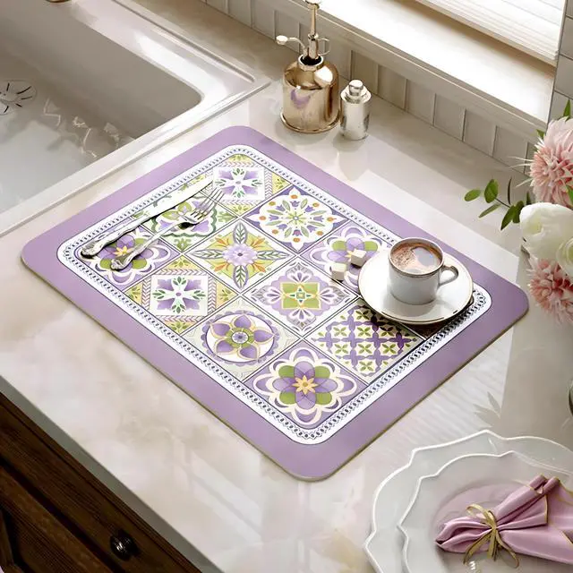 Main image of Coffee Mat, Boho Style Dish Drying Mat, Fast Water Absorption, Hide Stains, Easy to Clean, Fit Coffee Bar Accessories, Bar Mats for Countertop (12"x19", Purple Checkered)