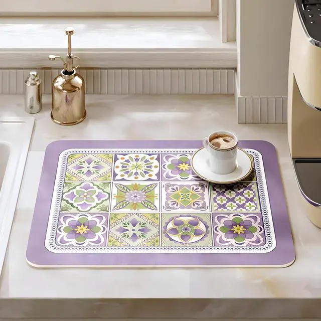 Alt view image 2 of 4 - Coffee Mat, Boho Style Dish Drying Mat, Fast Water Absorption, Hide Stains, Easy to Clean, Fit Coffee Bar Accessories, Bar Mats for Countertop (12"x19", Purple Checkered)