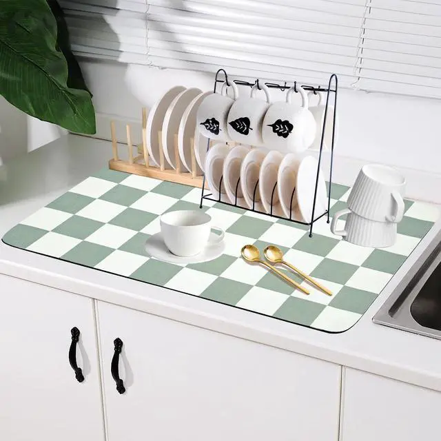 Alt view image 7 of 7 - Coffee Mat Checkered Dish Drying Pad for Kitchen Pet Placemat Absorbent Quick Dry Washable Anti-slip Rubber Backed Mats for Kitchen Counter Coffee Bar Bathroom Bedroom 12" x 19"