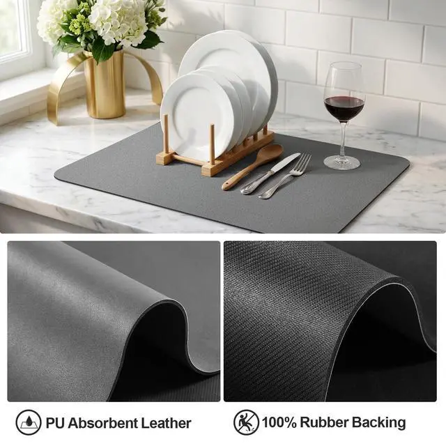 Alt view image 4 of 6 - Dish Drying Mat for Kitchen Counter | Coffee Bar Mat for Countertops | Heat Resistant Drainer Mat with Non-slip Rubber Backed | Hide Stain Kitchen Absorbent Draining Mat | Dark Grey 16"x18"