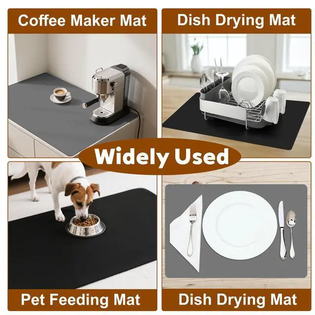 Alt view image 7 of 7 - Coffee Mat Hide Stain Rubber Backed Absorbent Cuttable Dish Drying Mat for Kitchen Counter, 12" × 19" Coffee Bar Accessories Fit Under Coffe Maker, Machine, Pot, Espresso, Dish Rack, Dark Grey