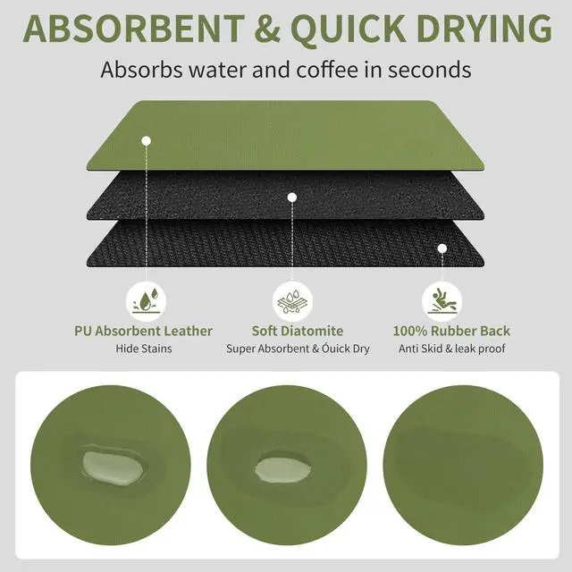 Alt view image 2 of 7 - Dish Drying Mat for Kitchen Counter, 12"x16" Super Absorbent Drying Pad Coffee Bar Mat, Non-Slip Rubber Backed, Hide Stain Counter Pad for Coffee Machine & Sink (Green)