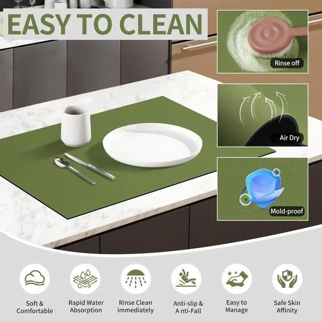 Alt view image 5 of 7 - Dish Drying Mat for Kitchen Counter, 12"x16" Super Absorbent Drying Pad Coffee Bar Mat, Non-Slip Rubber Backed, Hide Stain Counter Pad for Coffee Machine & Sink (Green)