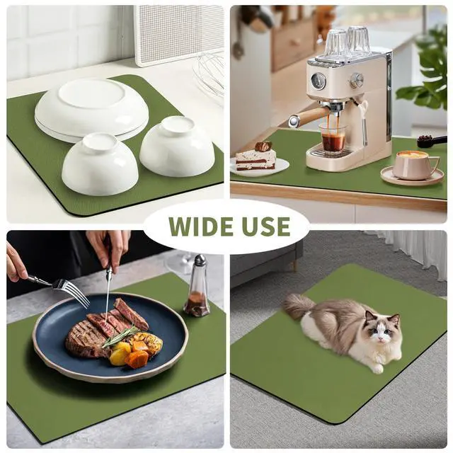 Alt view image 7 of 7 - Dish Drying Mat for Kitchen Counter, 12"x16" Super Absorbent Drying Pad Coffee Bar Mat, Non-Slip Rubber Backed, Hide Stain Counter Pad for Coffee Machine & Sink (Green)