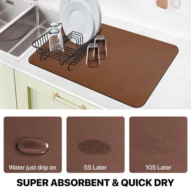 Alt view image 2 of 7 - Dish Drying Mat for Kitchen Counter, Coffee Mat with Non-slip Rubber Backed, Hide Stain Absorbent for Kitchen Counter, Fit Under Coffee Maker, Dish Rack,12"x19",Brown