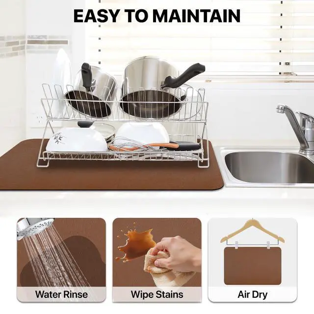 Alt view image 4 of 7 - Dish Drying Mat for Kitchen Counter, Coffee Mat with Non-slip Rubber Backed, Hide Stain Absorbent for Kitchen Counter, Fit Under Coffee Maker, Dish Rack,12"x19",Brown