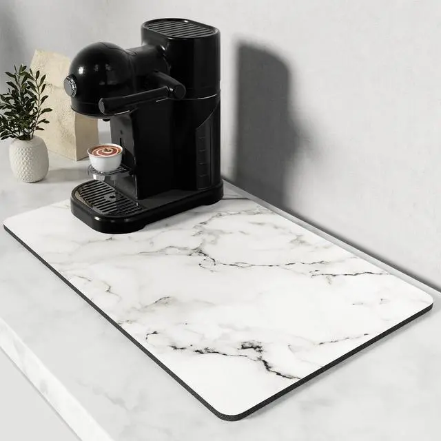 Main image of Coffee Mat, 12" x 19" Cute Marble Style Coffee Bar Mats for Espresso Machine Station Accessories and Organizer, Hide Stain Rubber Backed Absorbent Dish Drying Pad for Kitchen Counter, White