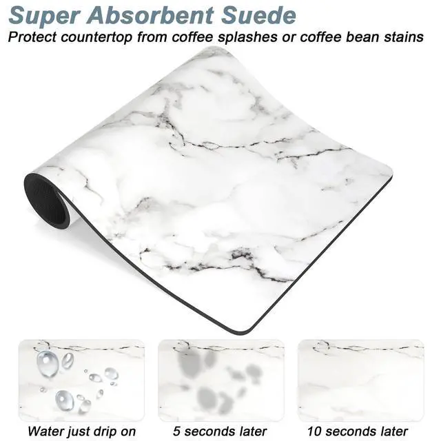 Alt view image 3 of 7 - Coffee Mat, 12" x 19" Cute Marble Style Coffee Bar Mats for Espresso Machine Station Accessories and Organizer, Hide Stain Rubber Backed Absorbent Dish Drying Pad for Kitchen Counter, White