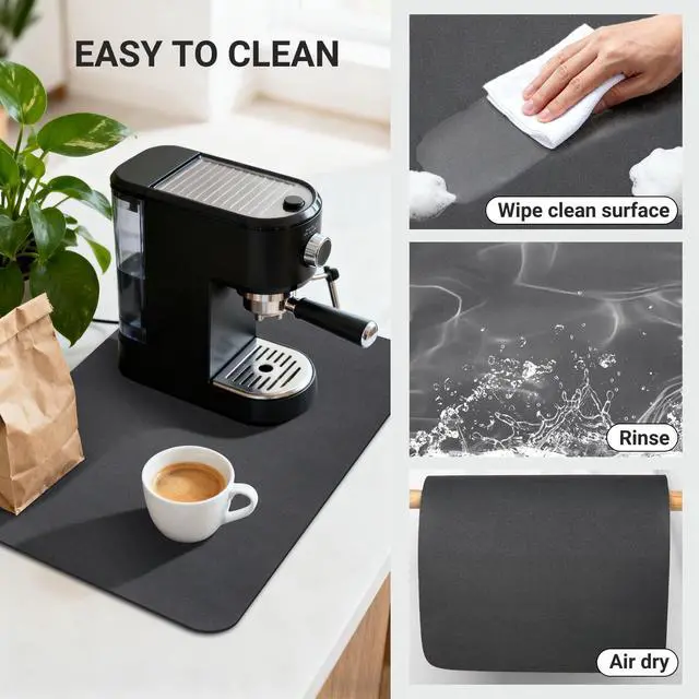 Alt view image 4 of 7 - Small Coffee Mat 19x12 Inch, Black Coffee Machine Mat, Absorbent Hide Stain Rubber Backed Dish Drying Mat for Kitchen Counter, Bar Mats for Countertops, Under Coffee Bar Machine Pot Maker Station