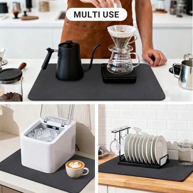 Alt view image 6 of 7 - Small Coffee Mat 19x12 Inch, Black Coffee Machine Mat, Absorbent Hide Stain Rubber Backed Dish Drying Mat for Kitchen Counter, Bar Mats for Countertops, Under Coffee Bar Machine Pot Maker Station