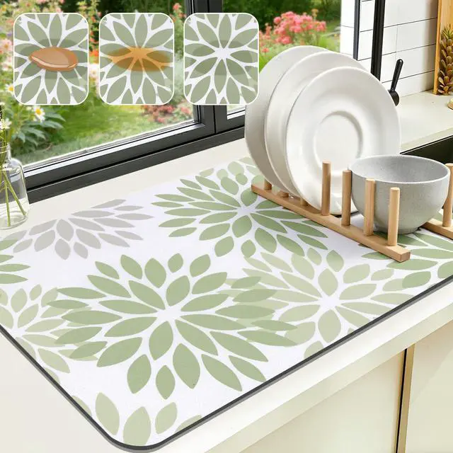 Main image of Floral Dish Drying Mat, 12" x 20" Super Absorbent & Hide Stain Coffee Mat, Cuttable Drying Mat for Kitchen Counter, Under Dish Rack, Coffee Maker, Espresso Machine, Sage Green