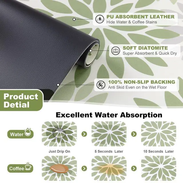 Alt view image 3 of 7 - Floral Dish Drying Mat, 12" x 20" Super Absorbent & Hide Stain Coffee Mat, Cuttable Drying Mat for Kitchen Counter, Under Dish Rack, Coffee Maker, Espresso Machine, Sage Green