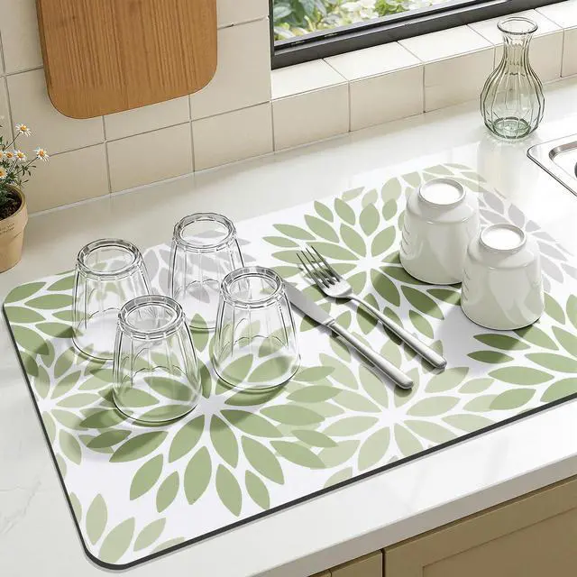 Alt view image 5 of 7 - Floral Dish Drying Mat, 12" x 20" Super Absorbent & Hide Stain Coffee Mat, Cuttable Drying Mat for Kitchen Counter, Under Dish Rack, Coffee Maker, Espresso Machine, Sage Green